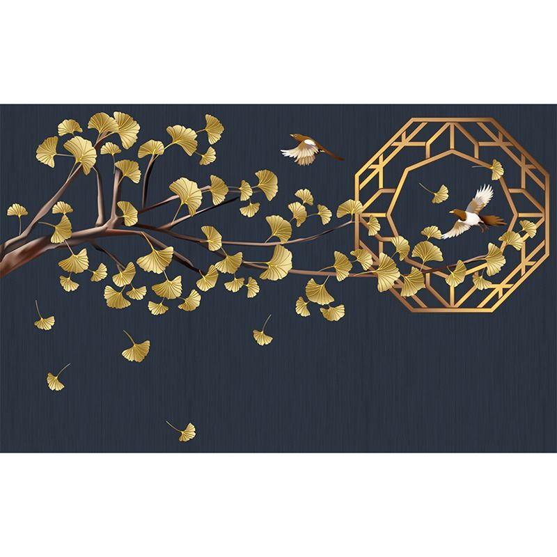 Illustration Ginkgo and Bird Mural Wallpaper for Restaurant Decoration, Dark Blue