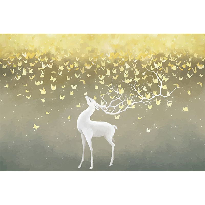 White and Gold Deer Wall Art Water-Resistant Mural Wallpaper for Living Room