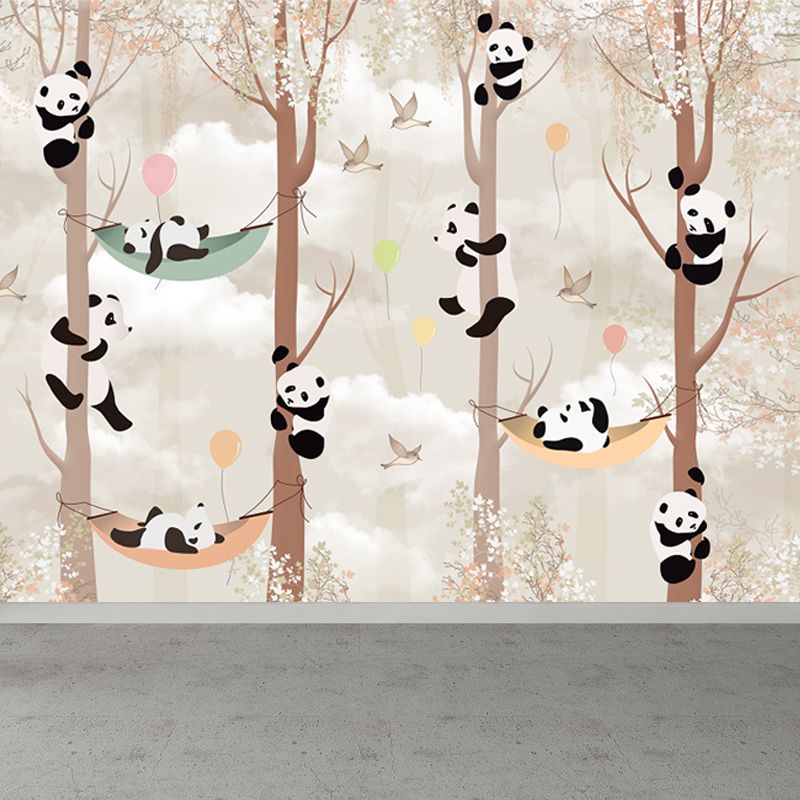 Whole Cartoon Mural Wallpaper Brown Panda Climbing Wall Decor, Personalized Size