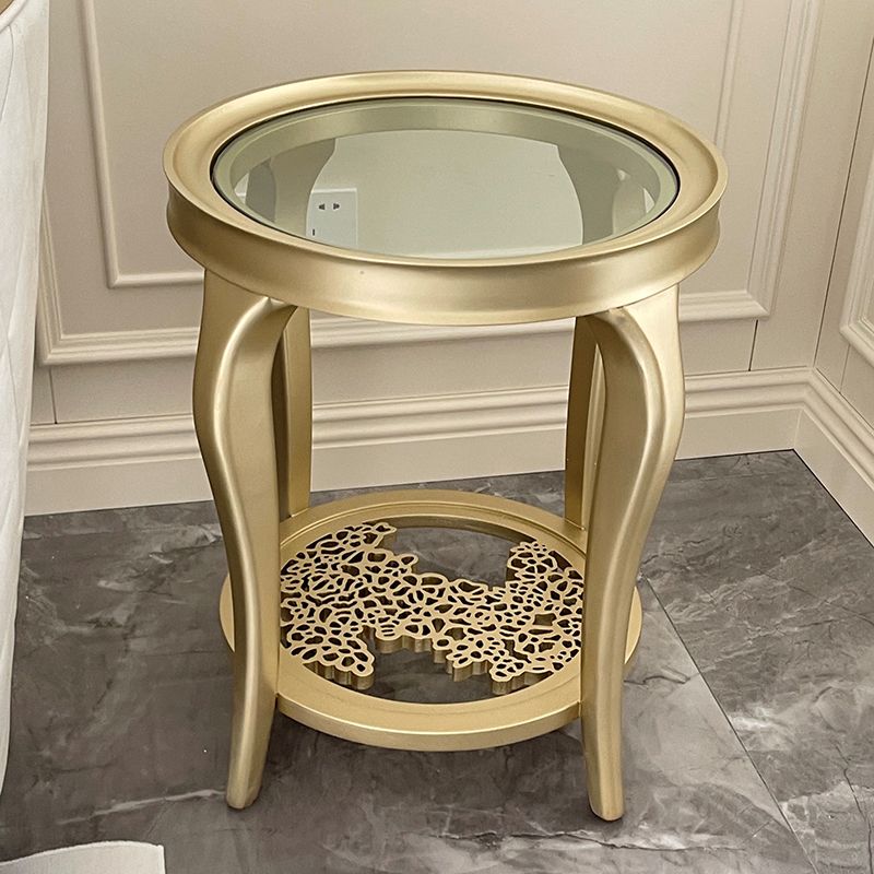 25.6" Tall Round Glass Top Side Table Wood 4 Legs End Table with Shelf