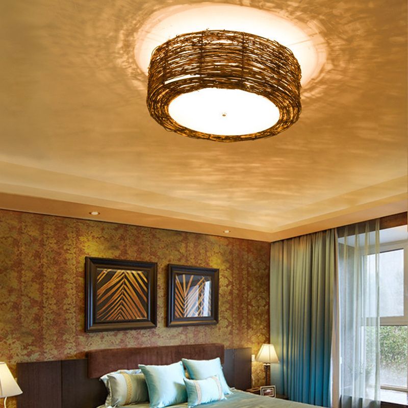 Luminaire de plafond encastré en rotin asiatique, tambour marron pour salle à manger