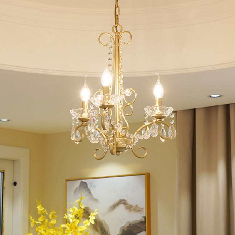 Candle Metal and Crystal Ceiling Light Traditional 3/6 Lights Living Room Chandelier Light with Gold Curve Arm