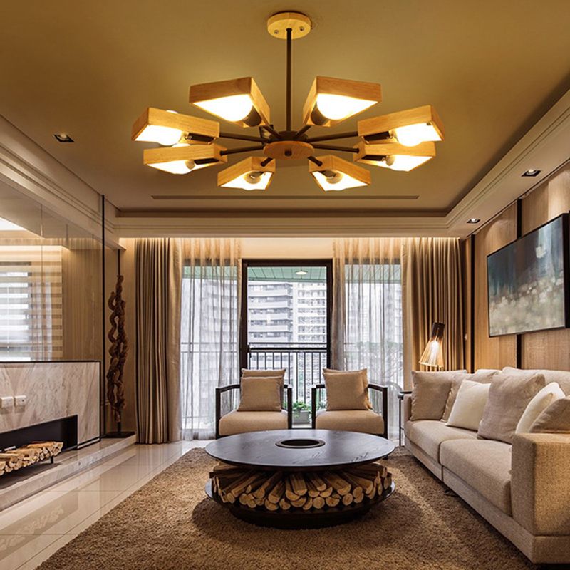 Trapezoid Frame Living Room Suspension Light Wood Minimalist Chandelier Lighting Fixture