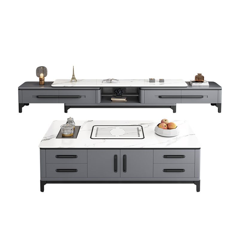 Contemporary Cocktail Table Stone Rectangle Top 4 Legs with 8 Drawers