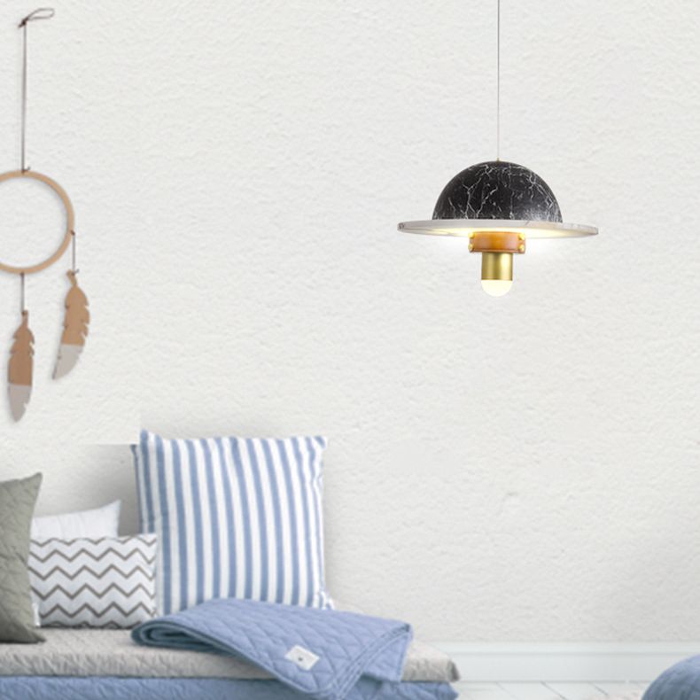 Novelty Postmodern UFO Shaped Pendant Light Marble Bedside LED Hanging Lamp in Gold