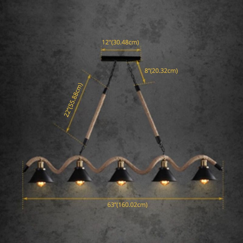 Rope Black Island Pendant Light Cone Antique Island Chandelier Light for Restaurant