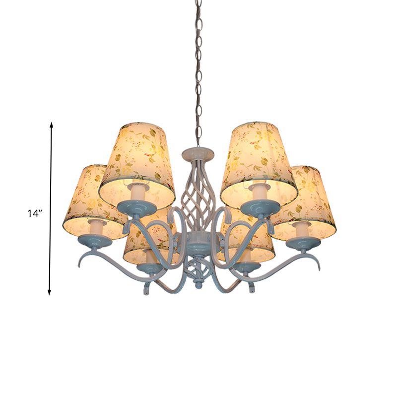 Light Blue 6 Heads Chandelier Light Traditionalism Fabric Conical LED Suspended Lighting Fixture