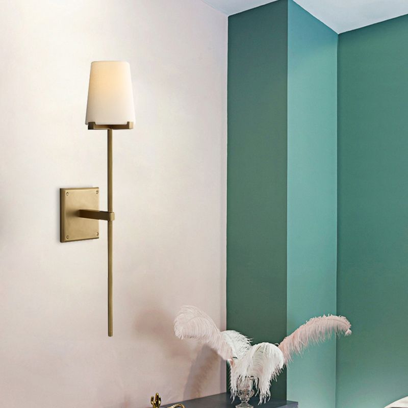 Clear Glass/White Fabric Shade Wall Sconce Tapered 1 Bulb Vintage Wall Mounted Lighting with Black/Brass Bar