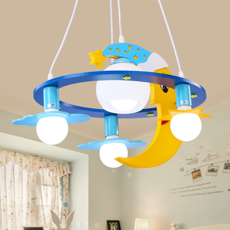 Metal Crescent Pendant Light Fixture Kids 4-Light Blue Chandelier for Children Bedroom