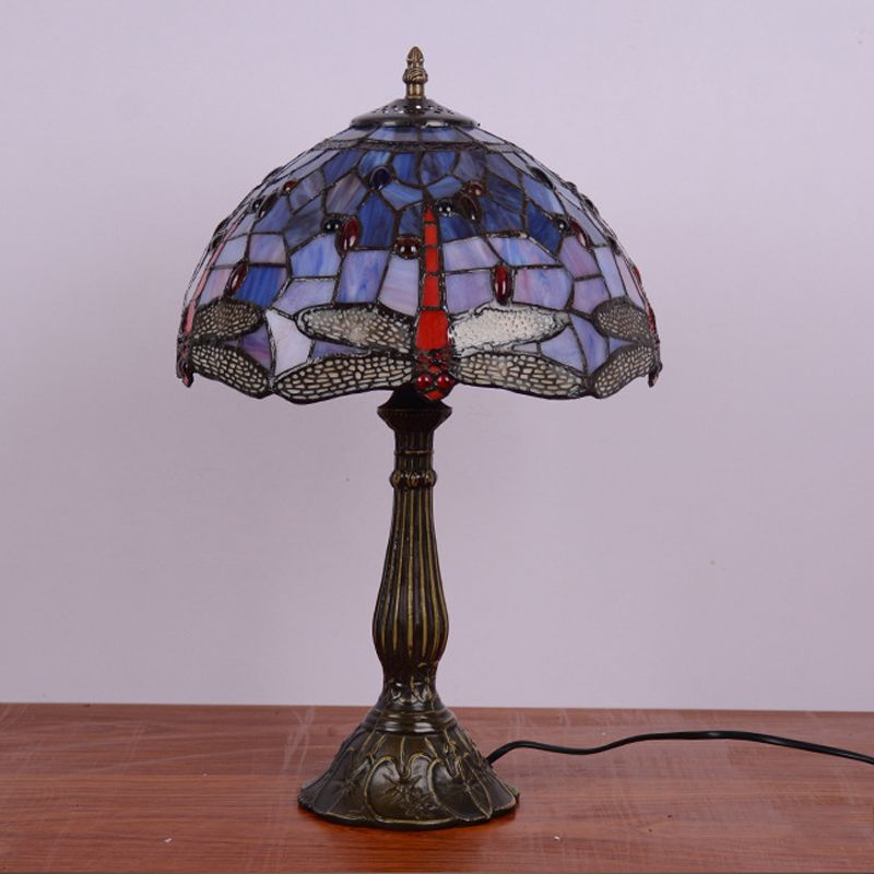 Dragonfly Table Light 1-Head Stained Art Glass Tiffany Night Lamp in White/Yellow/Orange for Living Room