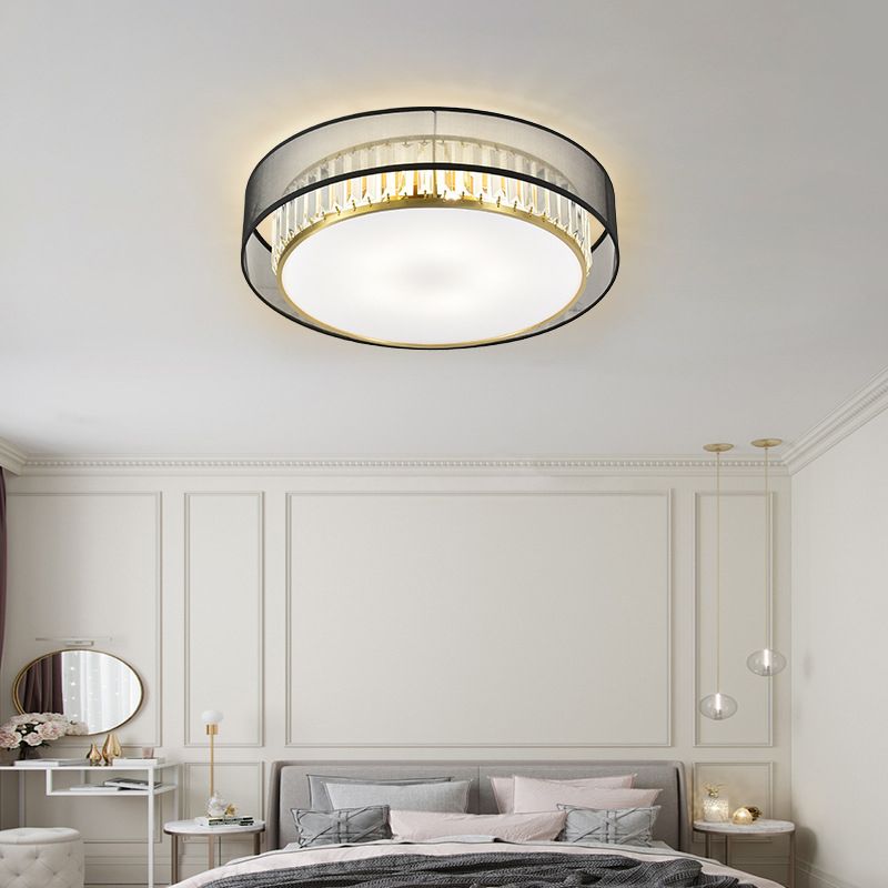 Modern Flush Light Drum Ceiling Lighting with Crystal and Fabric for Bedroom
