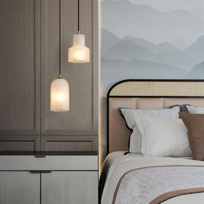 Minimalistic 1-Bulb Drop Pendant White Mini Suspension Lighting with Marble Shade