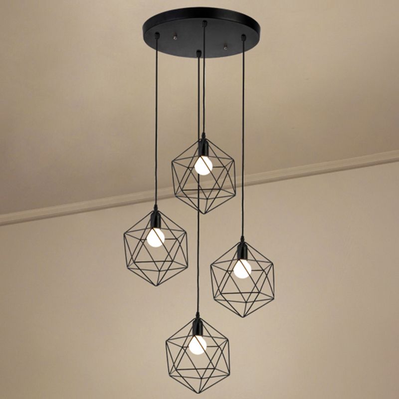 Geometric Cage Staircase Multi Ceiling Lighting Metallic Suspension Light Fixture