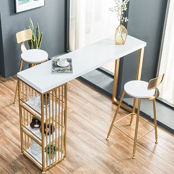 Solid Wood Bistro Table Metal Base Rectangle Bar Height Pub Table with Shelves