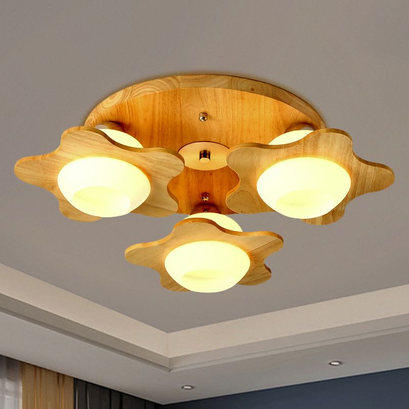 Wood Floral Semi Mount Modern 3/5 Lights Beige Flushmount Lighting with Sphere Milk Glass Shade