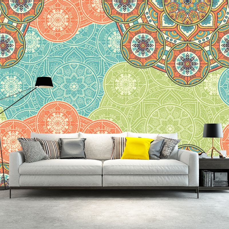 Bohemian Sunflower Wall Paper Mural Orange-Blue Abstract Wall Covering for Living Room
