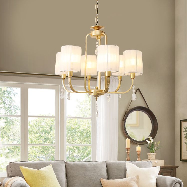 Brass 6 Heads Chandelier Lighting Country Style Fabric Cylinder Pendant Light for Living Room