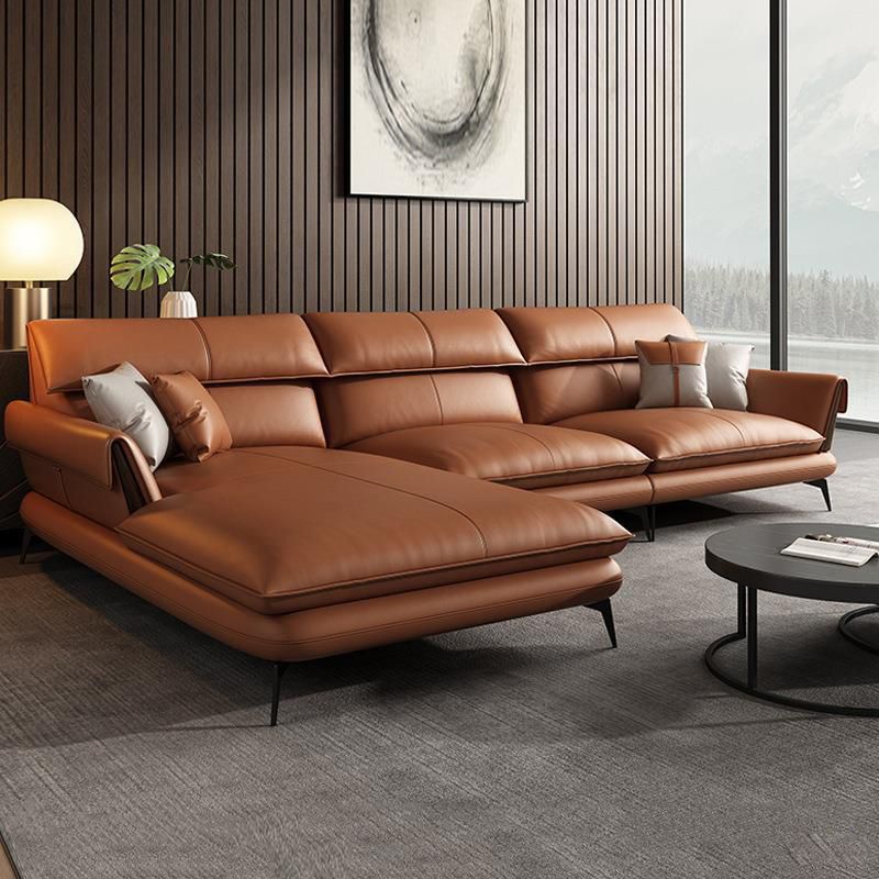 Glam Stationary Genuine Leather Living Room Flared Arm Cushions Sofa Chaise