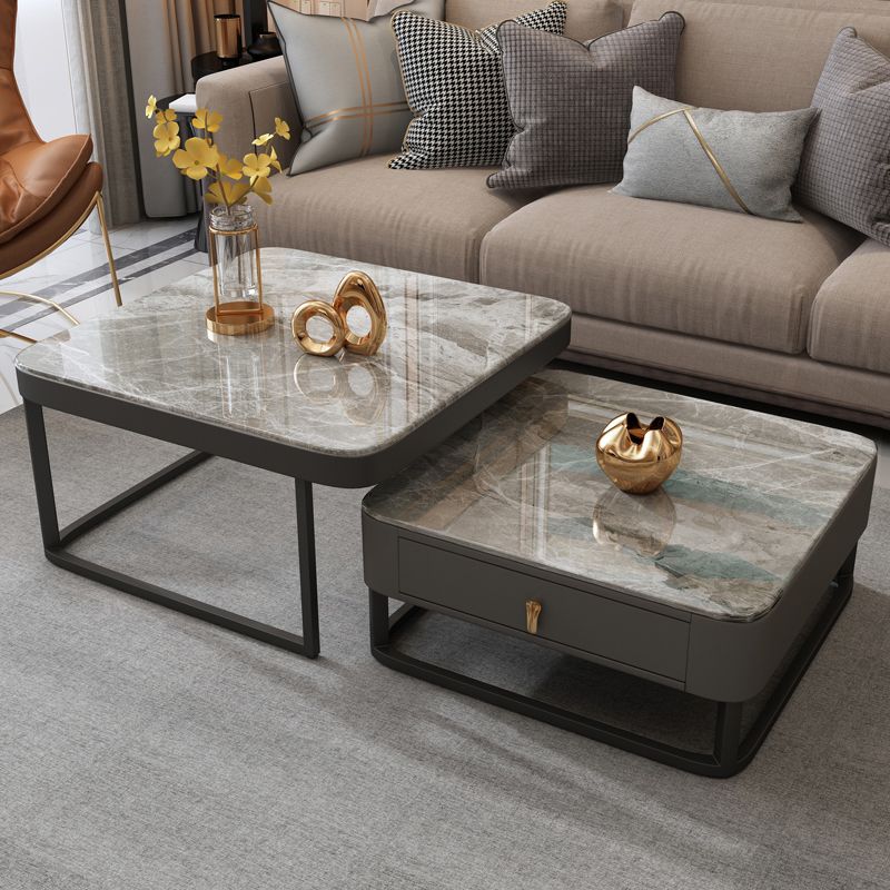 Coffee Table with a Framed Base and a Glass Top Made of Square Slate