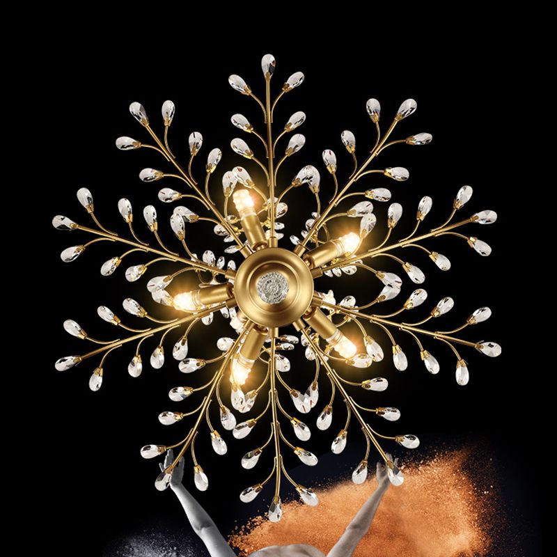 Country Style Foliage Chandelier Metal Suspension Light with Crystal Decor in Gold