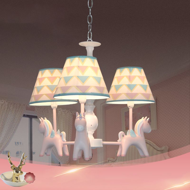 Tapered Shade Child Room Suspension Light Patterned Fabric Kids Chandelier Light with Decorative Unicorn