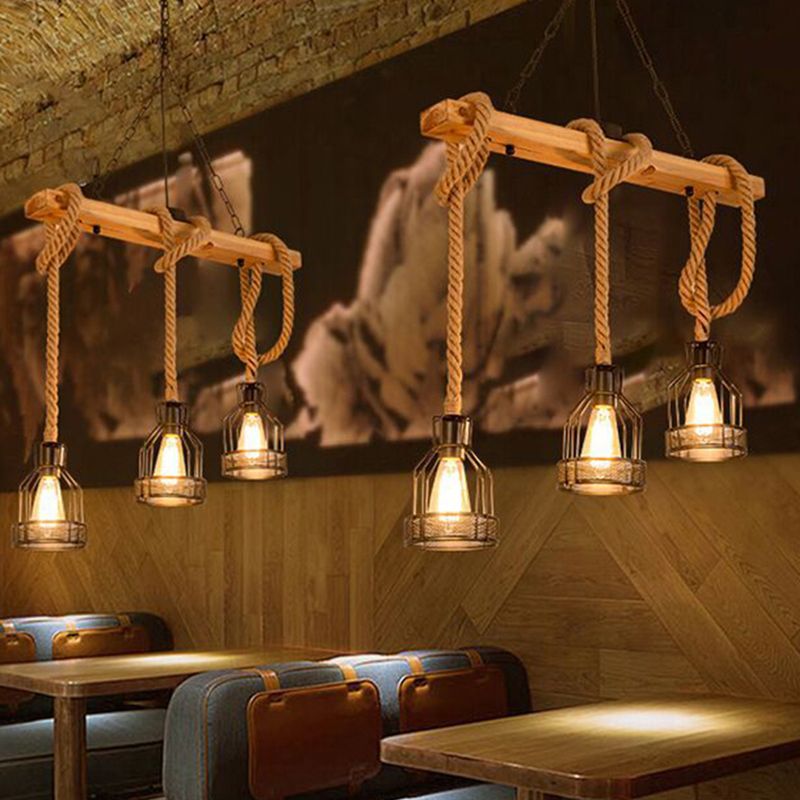 Industrial Wood Pendant Light Linear Shape Island Light with Metal Shade for Bar Counter