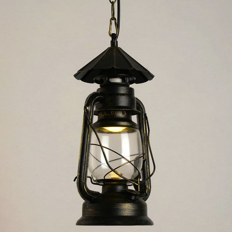 Nautical Kerosene Lantern Pendant Light Single-Bulb Clear Glass Hanging Lamp for Corridor