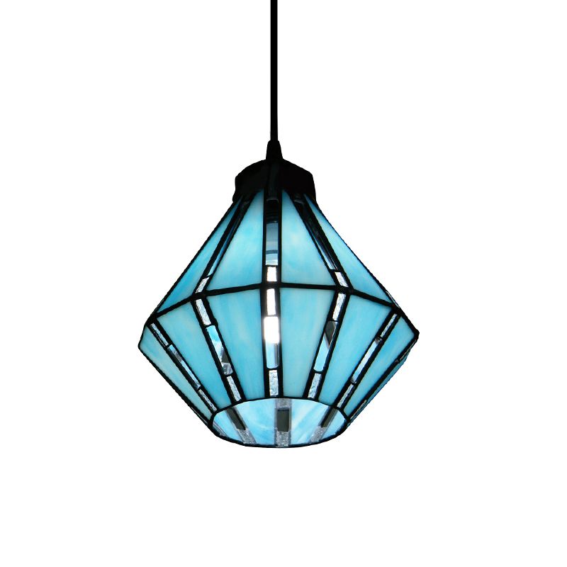 Cut Glass Diamond Drop Lamp Mediterranean 1 Head Blue Mini Pendant Lighting for Foyer