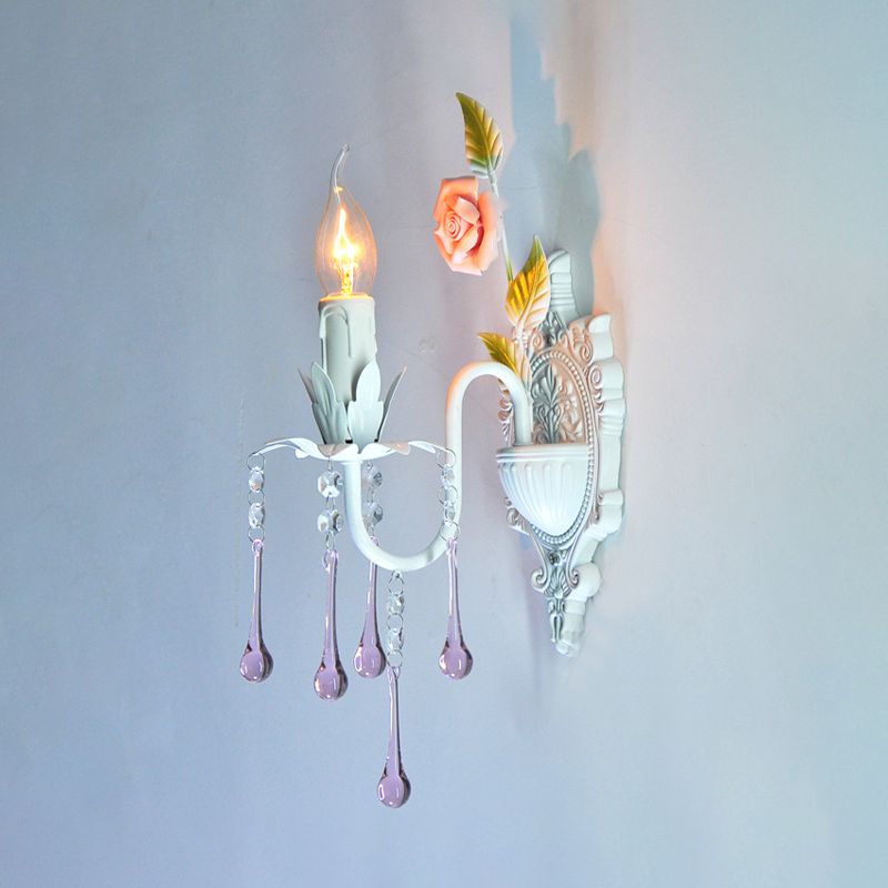 1 Bulb Wall Sconce Traditional Candlestick Faceted Crystal Wall Light Fixture in White/Green for Living Room
