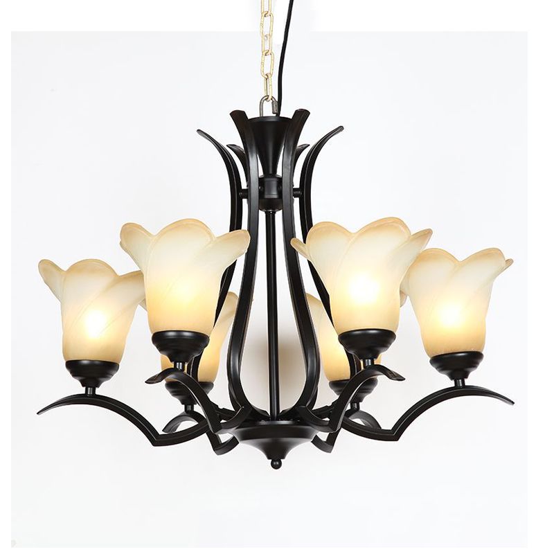 1/2-Tier Flower White Glass Chandelier Lighting Traditional 3/6/8 Lights Black Living Room Hanging Ceiling Lamp