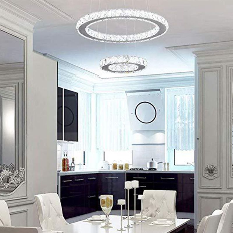 Faceted Crystal Circle LED Pendant Lighting Simplicity Stainless Steel Chandelier for Dining Room