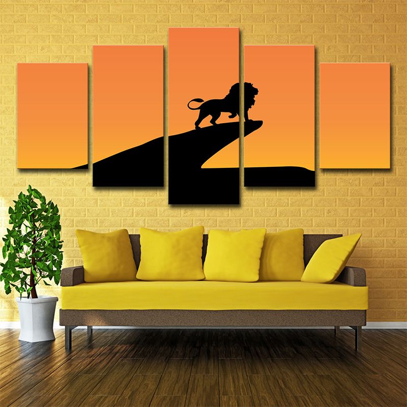 Orange Kids Canvas Print Sunset Lion on Cliff Shadow Wall Art for Sitting Room