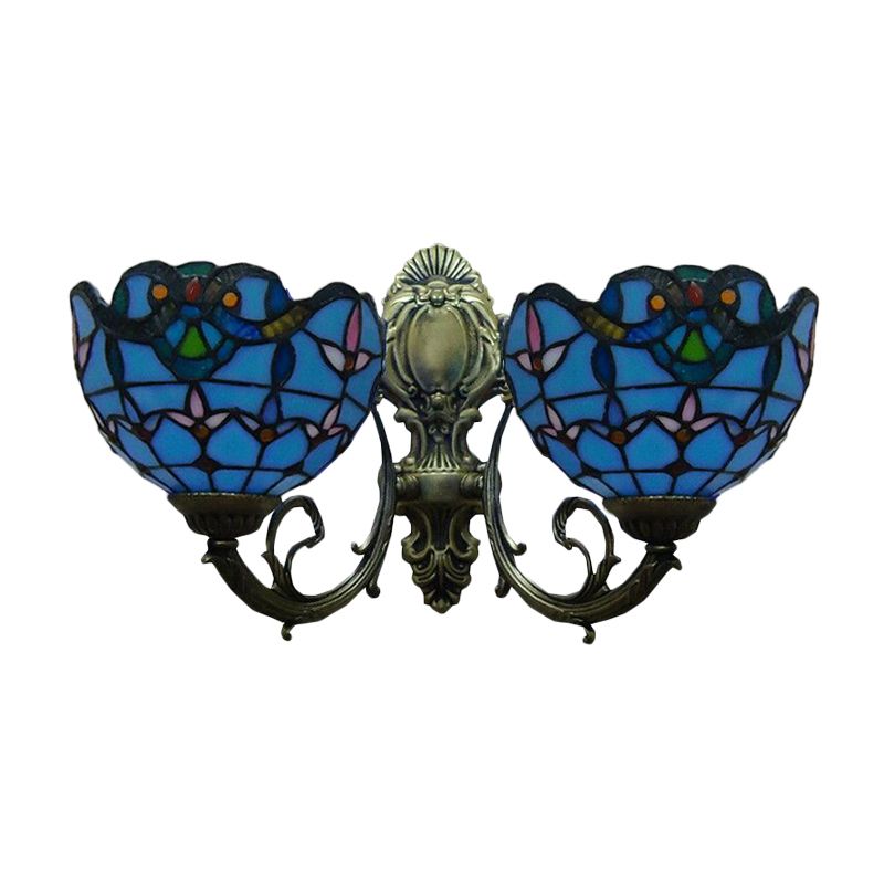 Tulip Wall Lamp Fixtures with Curved Arm Village Stained Glass 2 Lights Wall Sconce with Bowl Shade in Blue