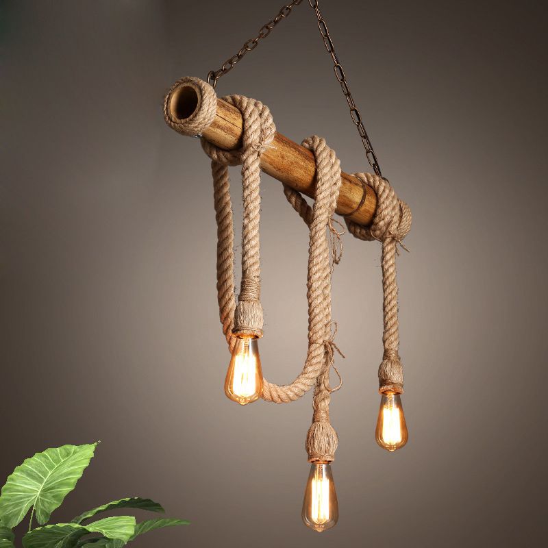 3/4 Lights Open Bulb Island Light Lodge Industrial Beige Adjustable Rope Ceiling Light with Bamboo