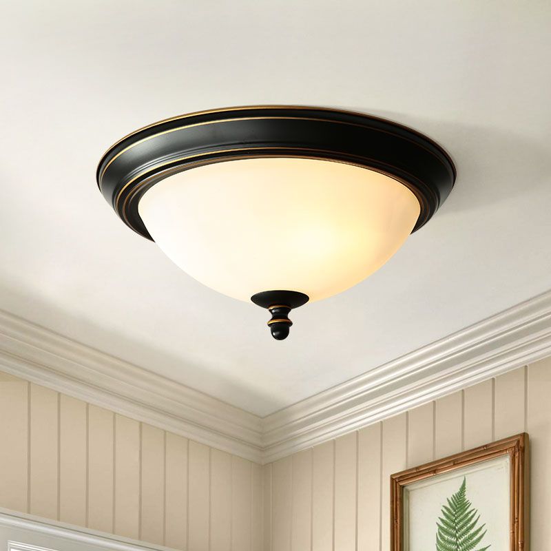 Black Bowl Ceiling Light in Traditional Classic Style Wrought Iron Flush Mount with Glass Shade