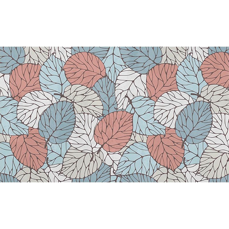 Full Size Mural Wallpaper for Living Room, Summer Leaf in Blue and Red, Stain-Resistant