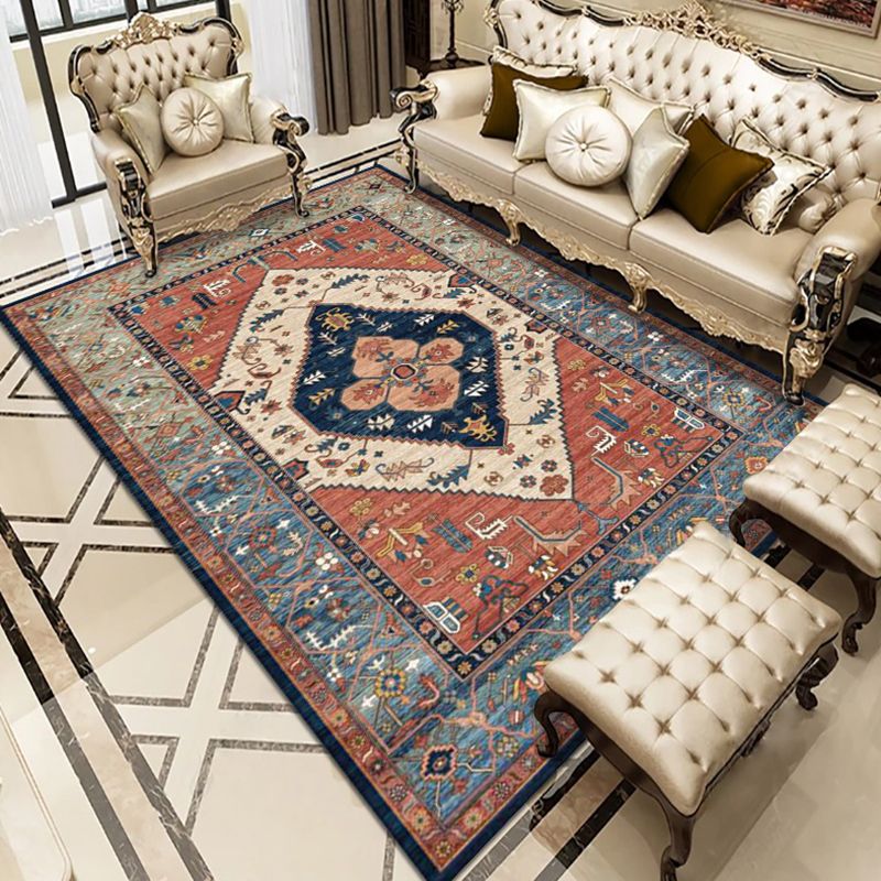 Red Tone Moroccan Rug Polyester Carpet Symmetrical pattern Indoor Rug Stain Resistant for Living Room