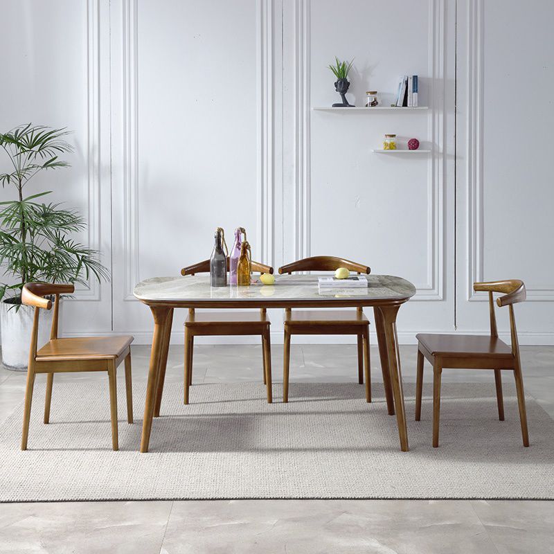 Mesa rectangular moderna de mediados de siglo Mesa de piedra sinterizada con 4 patas base de madera