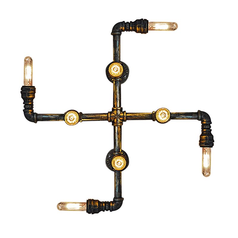 Industrielle verdrehte Rohrwandlampe mit offener Glühbirne 8-Licht-Metallic Leuchten in antikem Messing
