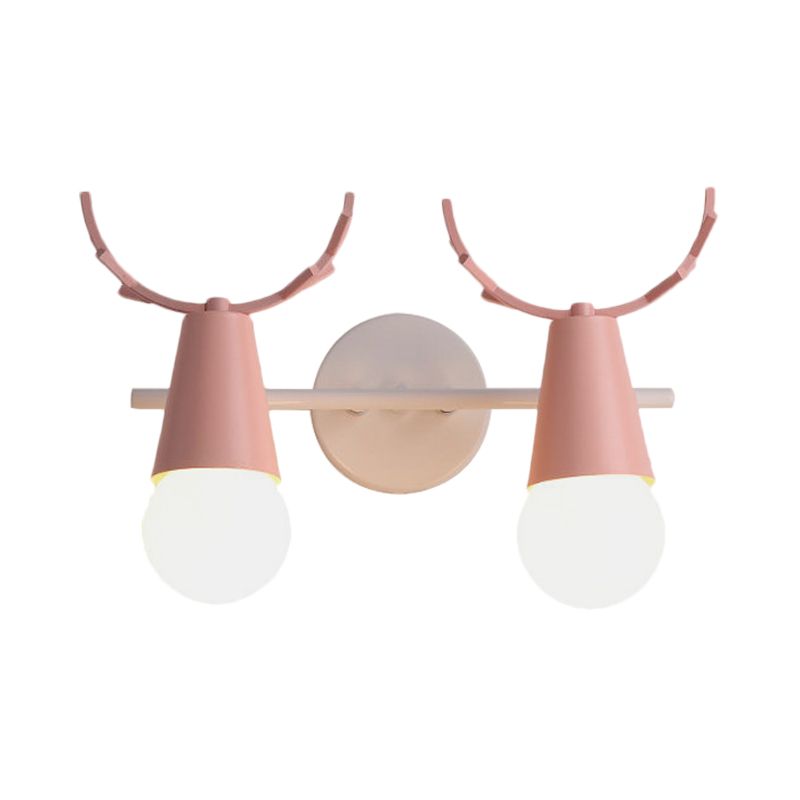 2 Heads Cone Wall Light with Antlers Contemporary Metal Wall Sconce for Study Room