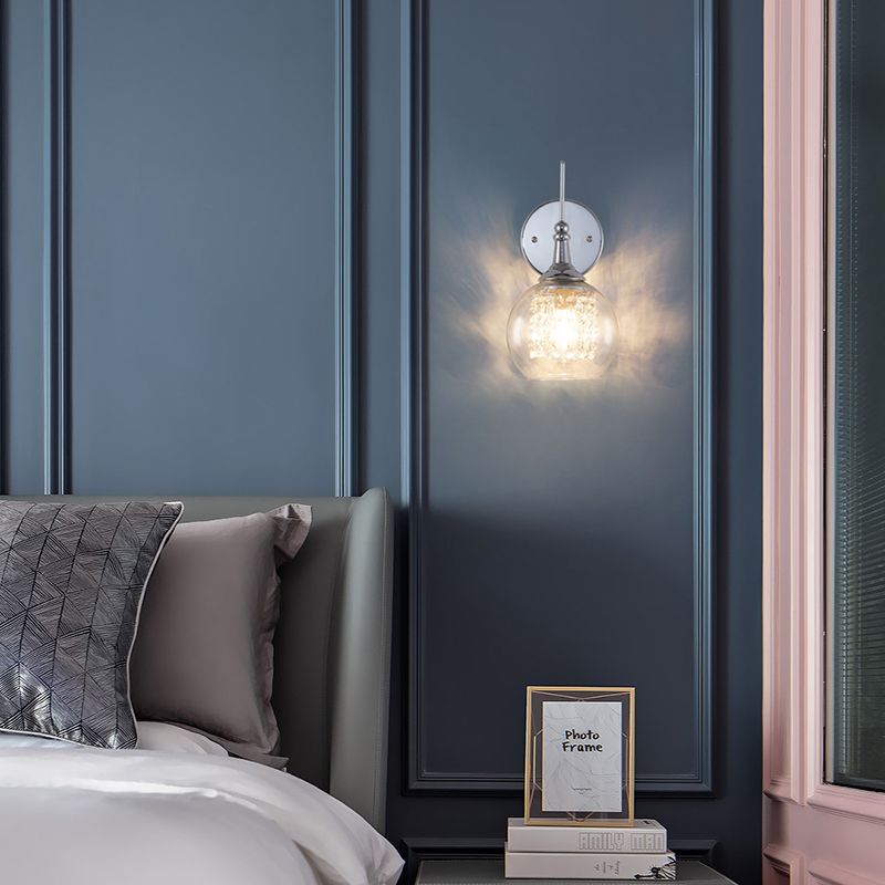 1 Bulb Globe Wall Lamp Contemporary Clear Glass Wall Sconce with Inner Crystal Strand in Chrome Finish