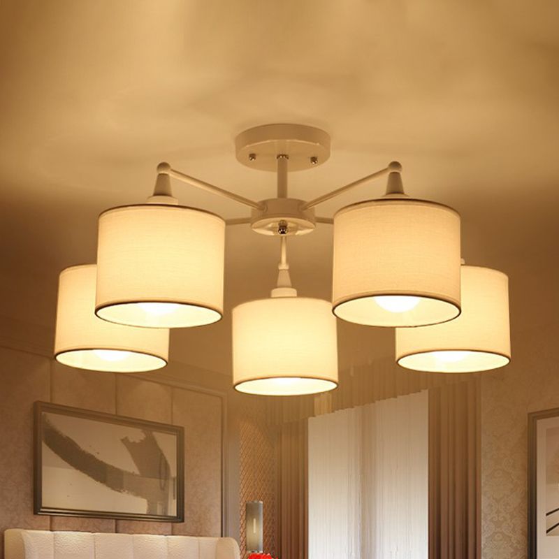 Korte cilinder semi -spoelmount lamp Noordse stof 5 lampen slaapkamer plafondbevestiging kroonluchter in wit