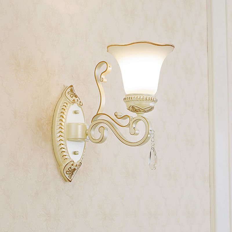 1/2-Bulb Frosted Glass Wall Lamp White Floral Shade Living Room Sconce Light with Crystal Accent