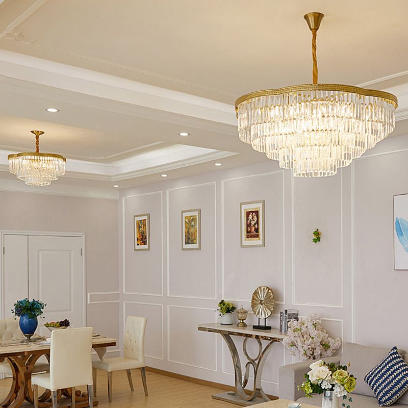 Brass Floral Layers Pendant Lamp Postmodern Crystal Prism Chandelier Light for Dining Room