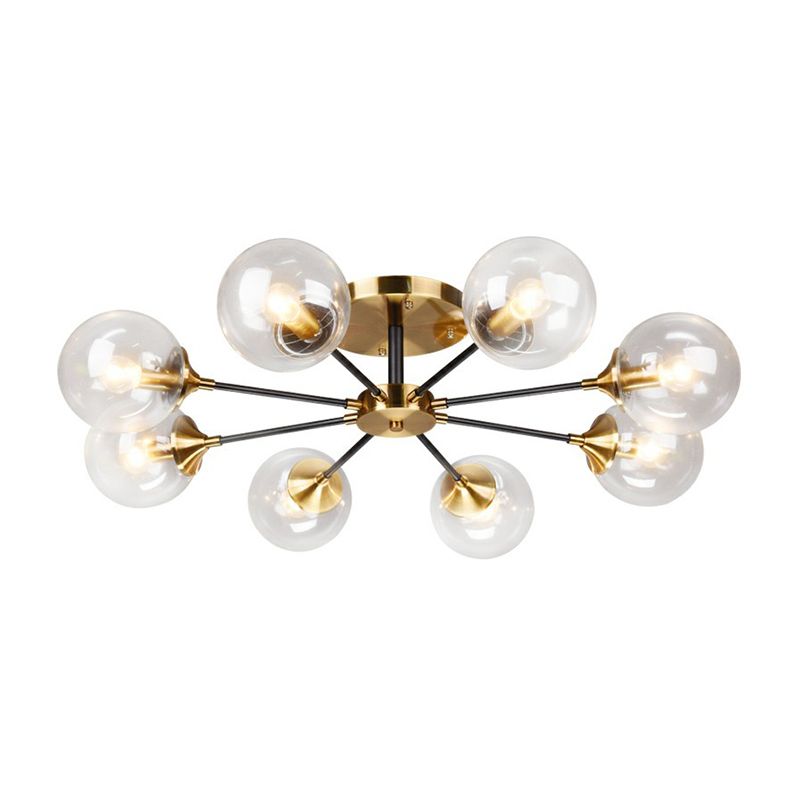 Black and Brass Radial Flush Mount Lighting Postmodern Metal Semi Flush Ceiling Light with Ball Glass Shade