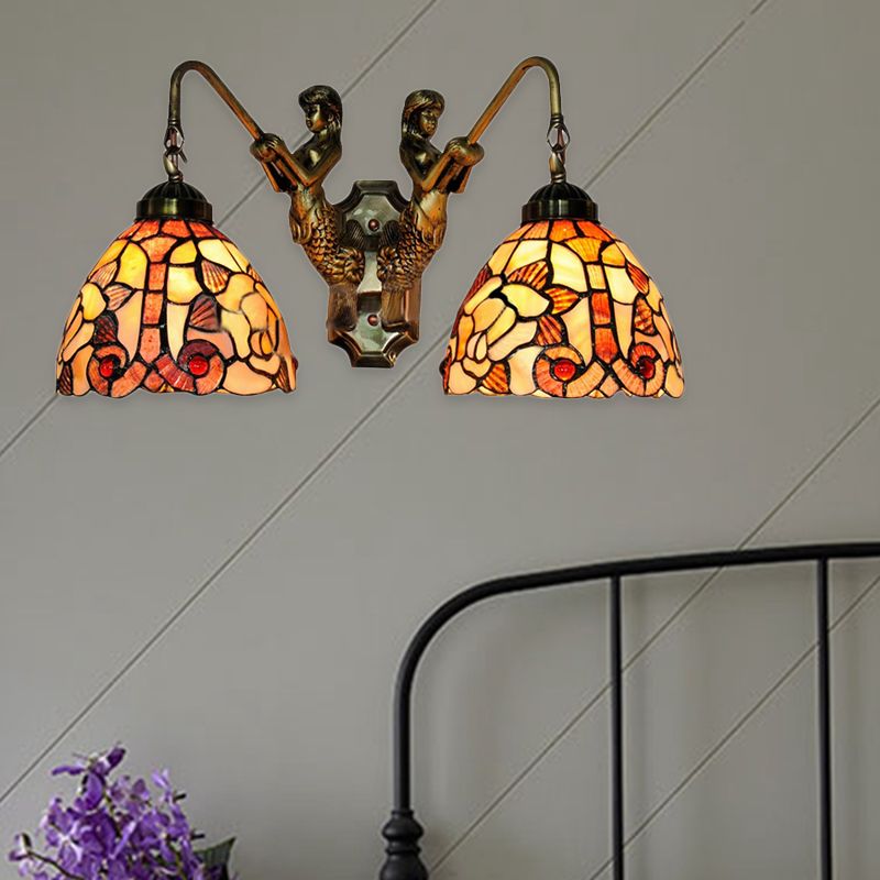 Shell Bowl Wall Lighting Fixture Baroque 2 Heads Orange Sconce Light with Mermaid Backplate for Bedroom