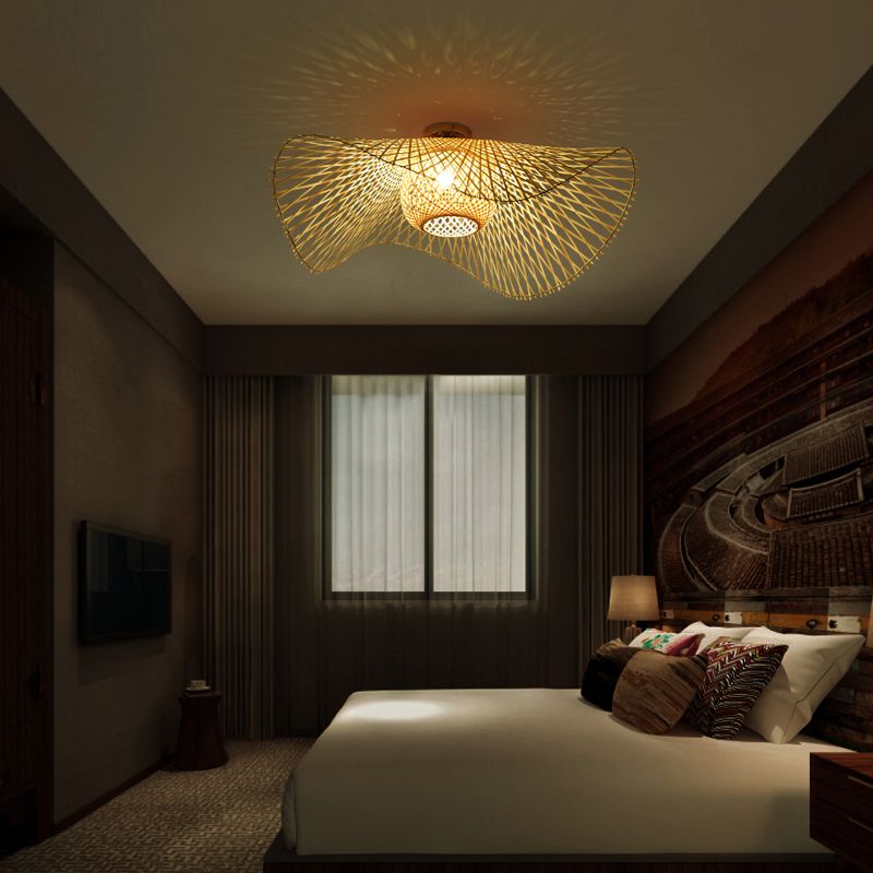 Twist Ceiling Light Fixture Asia Style Bamboo Beige Flush Mount Ceiling Lamp