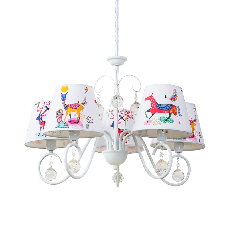 Cone Fabric Suspension Lamp Kids 5 Heads White Pendant Chandelier with Animal Pattern and Crystal Ball