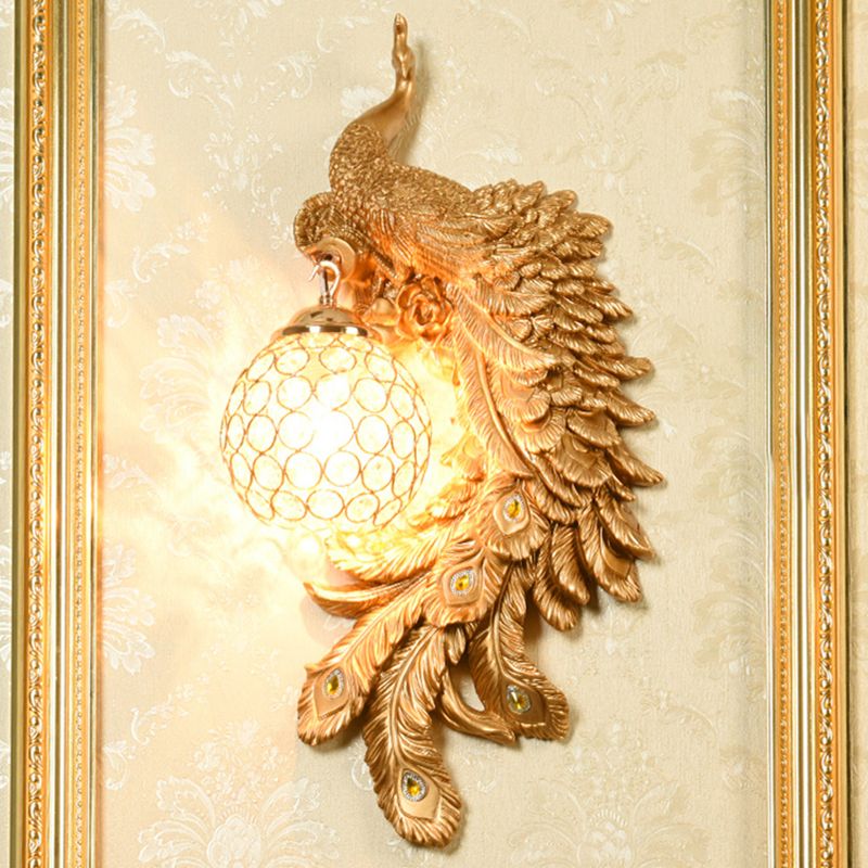 Double/Right/Left Peacock Wall Lamp Country Resin 1 Bulb Sconce Light Fixture with Clear Crystal Shade in White/Blue Finish, 1/2-Pack