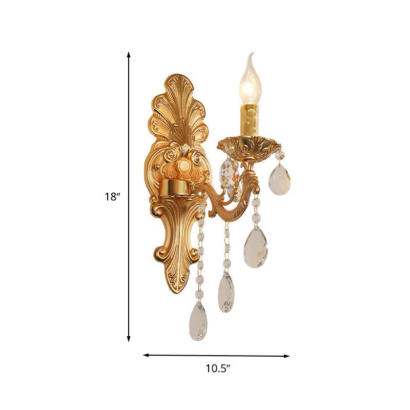 Candelabra Wall Light Fixture Postmodern Metal 1/2 Heads Living Room Sconce Light in Brass with Crystal Drip Accent